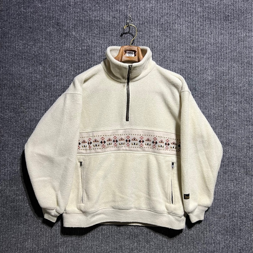 Vintage Marker Fleece Pullover Mens Size S Cream Polartec Quarter Zip Aztec Trim